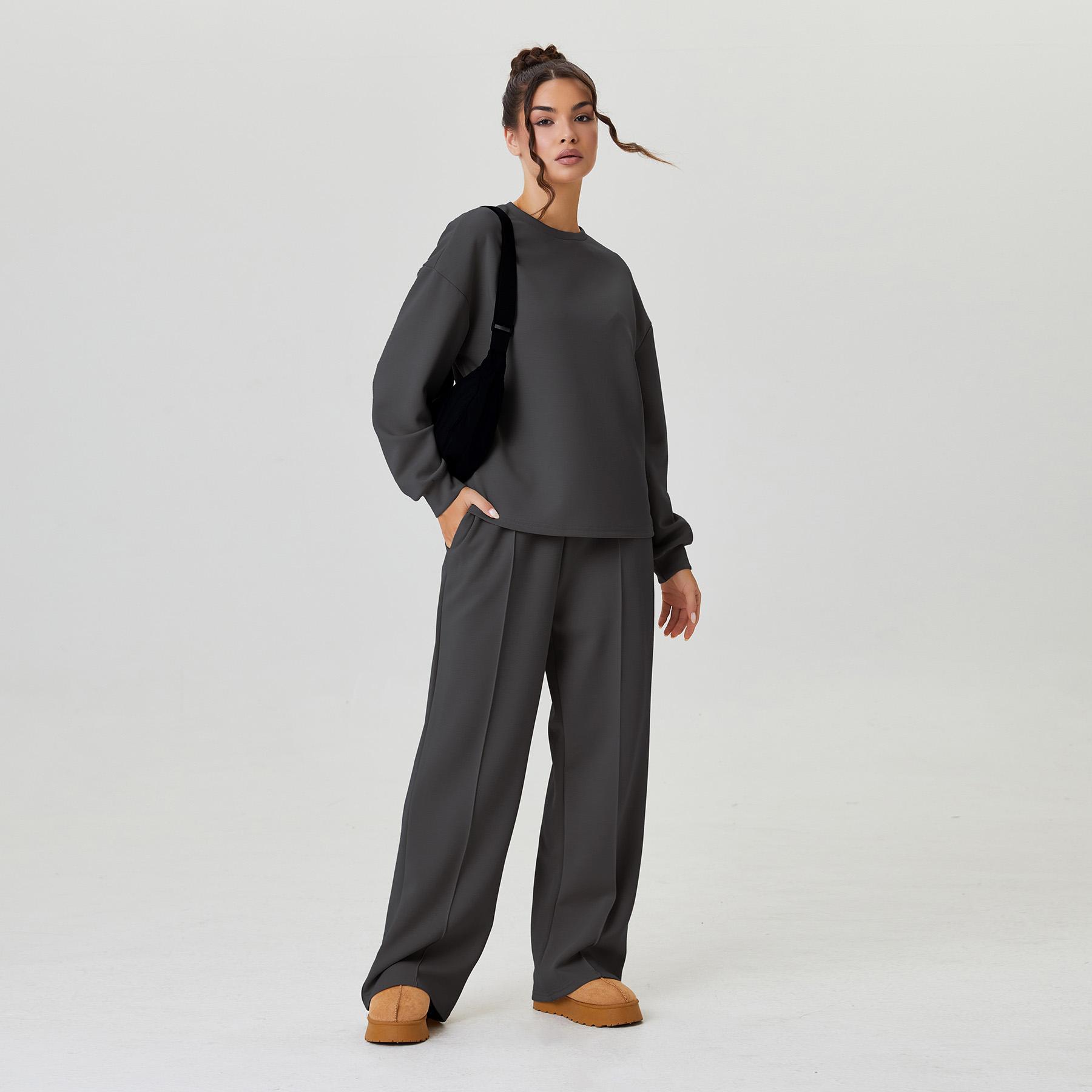 Women's Basic Solid Color Loose Long Sleeve Top & Exposed Stitches Trousers Co-ord (B), Lightweight Round Neck Top & Wide Leg Trousers Two Piece Outfits