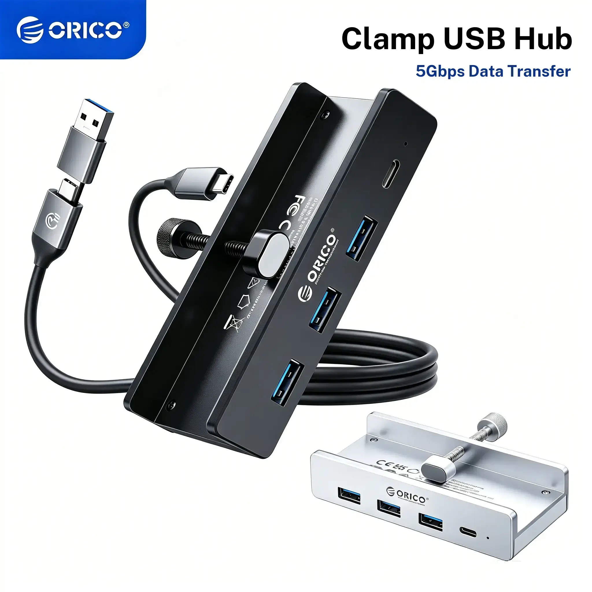 ORICO USB 3.0 Hub, Clamp USB Hub, Aluminum 4 Port USB Splitter with Extra Power Supply Port and 4.92 FT USB Data Cable, Desktop Powered USB Hub with 3 USB A Data Ports, USB C Port for Monitors/Desks MH4PC
