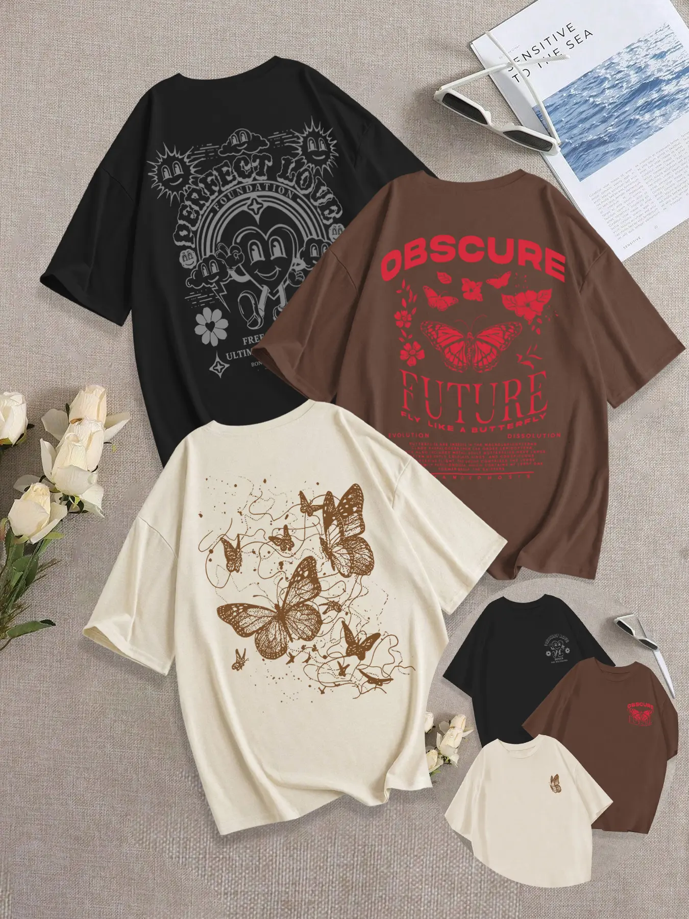 Breathable Casual Loose-Fit Round Neck Butterfly Print T-Shirt Set, Summer Fashion Streetwear Comfortable Women's Clothing, Pack of 3