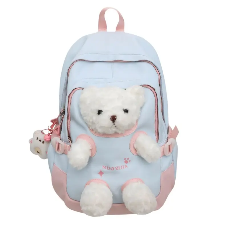 Women's Unisex 3D Plush Bear Backpack - Kawaii Macaron Color Nylon Daypack, Cartoon Doll Decor Casual Rucksack, Wear-Resistant Outdoor Travel Shoulder Bag