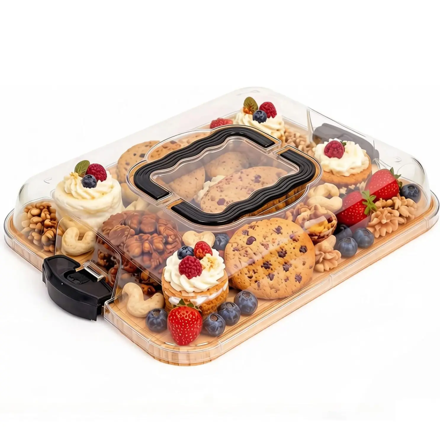 Covered Charcuterie Platter, Serving Platters, Portable Snack Tray with Handle, Features a Clear Lid and Dual-Purpose Cutting Board, 6-Compartment Design for Snacks, Meats, and Fruit, Ideal for Travel, Picnics, and Parties