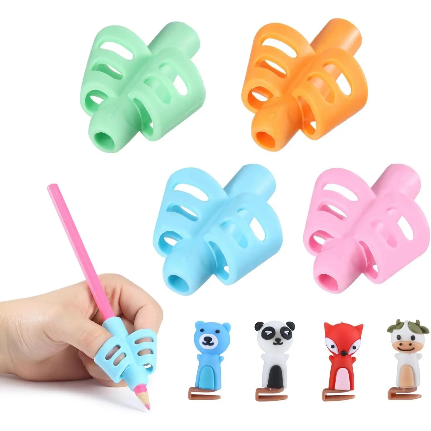 Silicone Gel Pen Grips, 4-Pack Standard Size Flexible Holders with 4 Clips, Blister-Preventing Office Stationery Writing Tool for Right/Left Hand Users, Flexible Grip