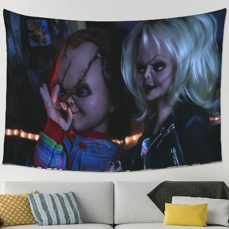 Horror Doll Couple Tapestry 5ft x 3ft 60in x 40in, Dark Cinematic Wall Hanging Tapestry for Bedroom Dorm Living Room Game Room Halloween Decor, Black Blue Gothic Home Wall Art, Peach Skin Fabric
