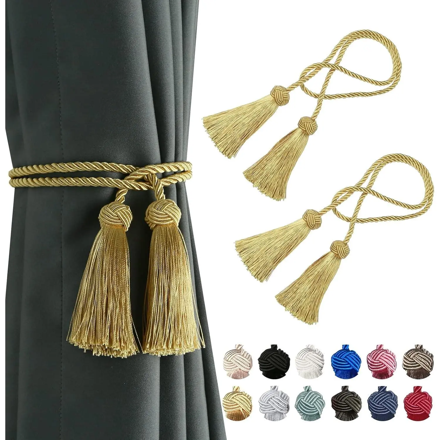 2 Pack Handmade Rope Tassel Curtain Tiebacks, Decorative Curtain Holdbacks with Tassel, GoldGift