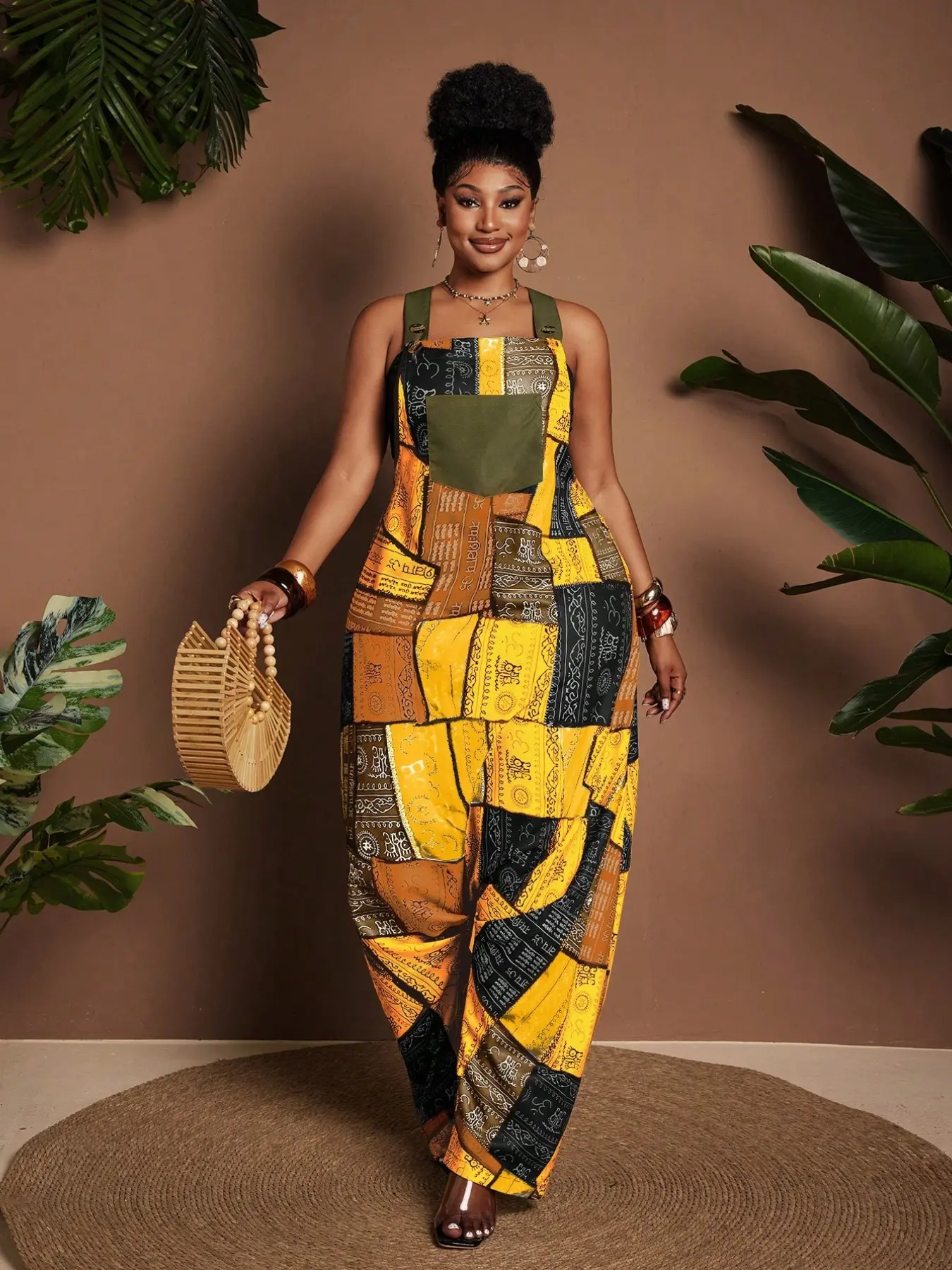Plus Size Patch Printed Sleeveless Harem Jumpsuit, Casual Bohemian Style Overalls, Multiple Colors, Loose Fit, Tribal Pattern