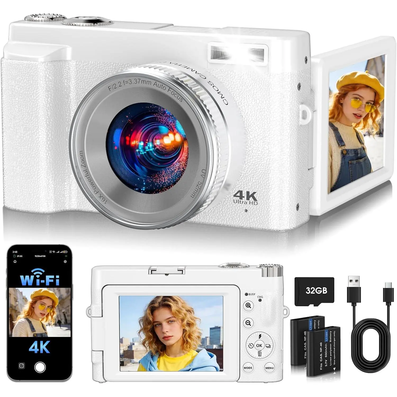 2026 Upgraded 64MP Digital Camera 4K WiFi 180° Flip Screen Autofocus, White | Portable with 16X Zoom Anti-Shake Filters Selfies, Vlogging Camera for YouTube, Beginners Travel, 32GB Card, 2