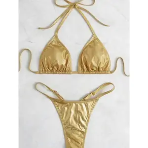 Metallic PU Leather Extreme Mini Thong Bikini Female Swimsuit Women Swimwear Two-pieces Bikini Set Halter Bathing Suit Swim Lady