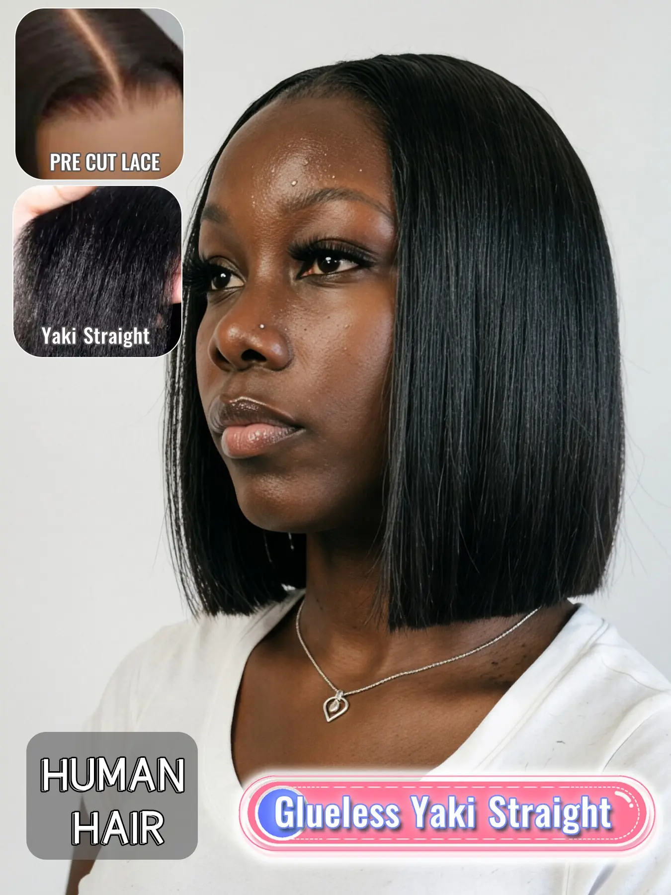 Human Hair Yaki Straight Bob Wig, 10 Inch Everyday Bob Style with 4x4 Lace Closure, Middle Part Layout, Soft Relaxed Texture, Easy to Personalize for Office, Weekend and Casual Looks for Women