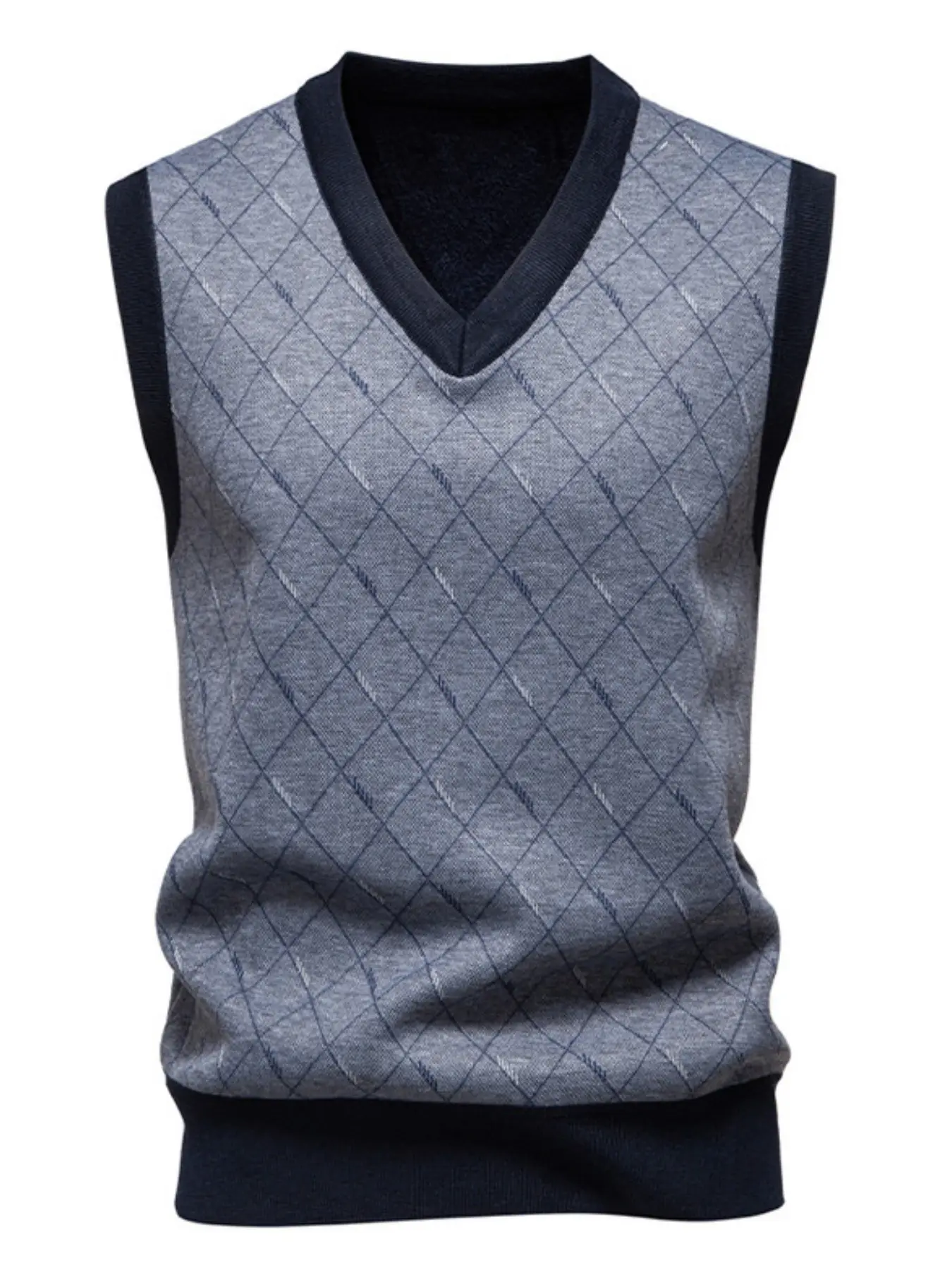 Men's Diamond Argyle Fleece Lined Knit Vest, Contrast V Neck Sleeveless Pullover Gilet, Slim Business Casual Knitted Waistcoat, Warm Soft Layering Sweater Tank Top for Middle Aged Men Autumn Winter Office Wedding Daily Wear