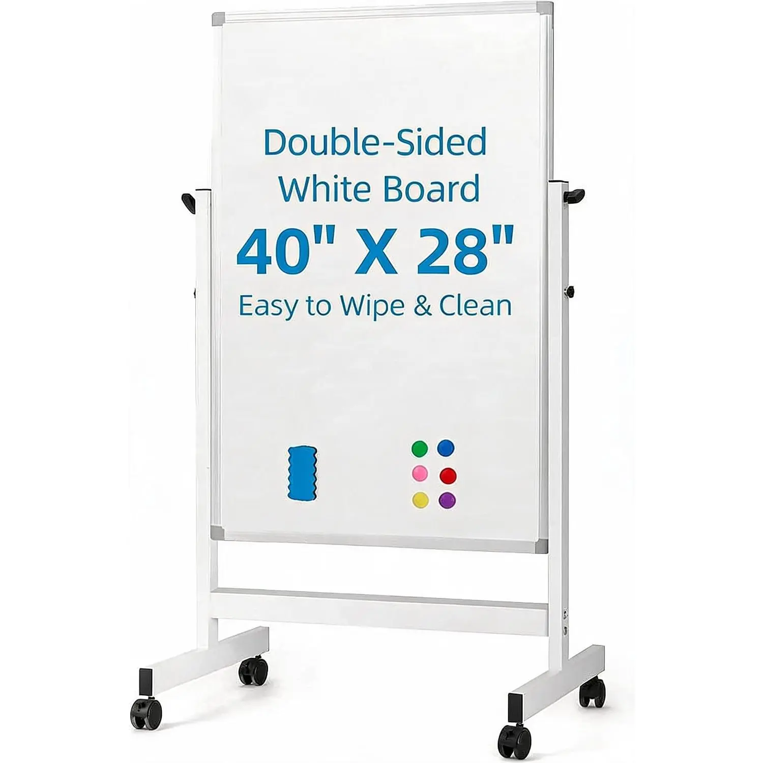 Double-Sided Rolling Whiteboard on Wheels - Height Adjustable Magnetic Dry Erase Board - Mobile Stand - Swivel Presentation Board