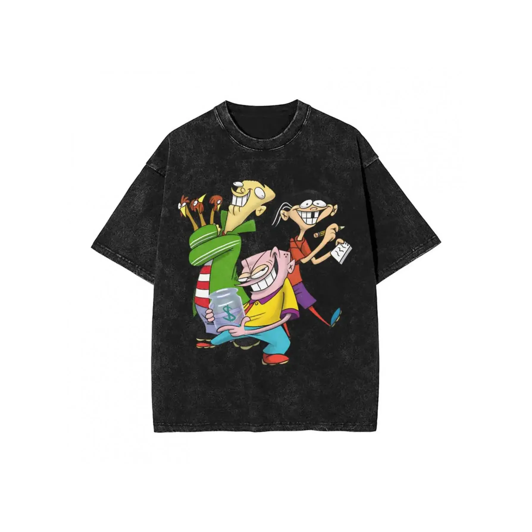 Vintage Distressed Washed T-Shirt Men Ed Edd N Eddy Three Main Cartoon Characters Money Jar Chicken Classic 90s Cartoon Bright Color Graphic Oversized Crew Neck Tee For Nostalgic Cartoon Fans Daily Street Outfits