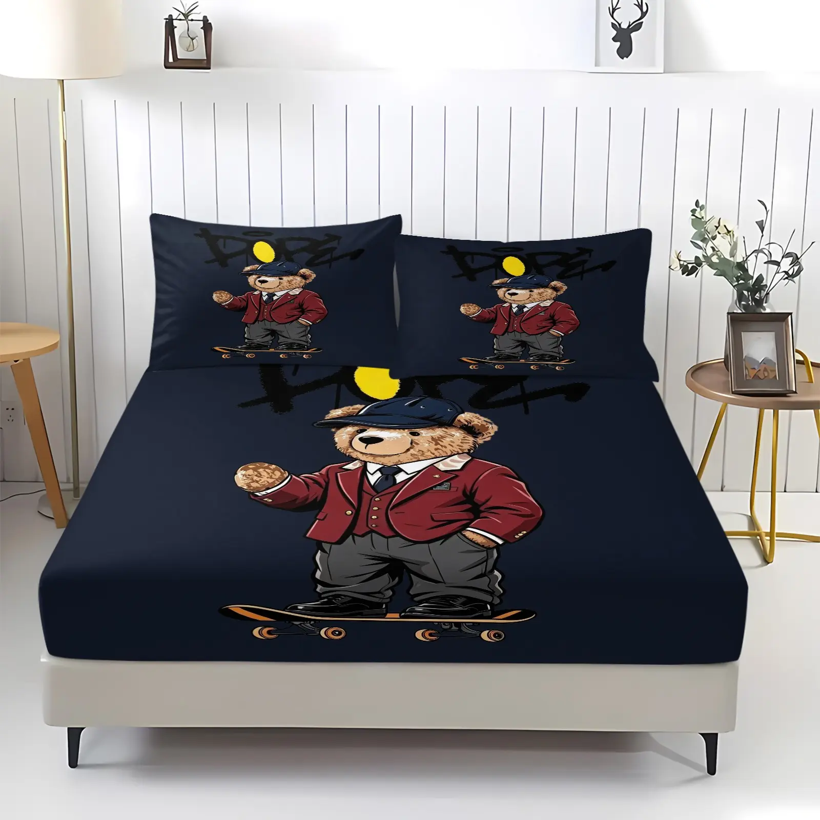 Fashionable teddy bear printed pattern bed sheet, including 1 bed sheet and 2 pillowcases, anti slip dust cover suitable for bedrooms and guest rooms, suitable for personal use or gift giving