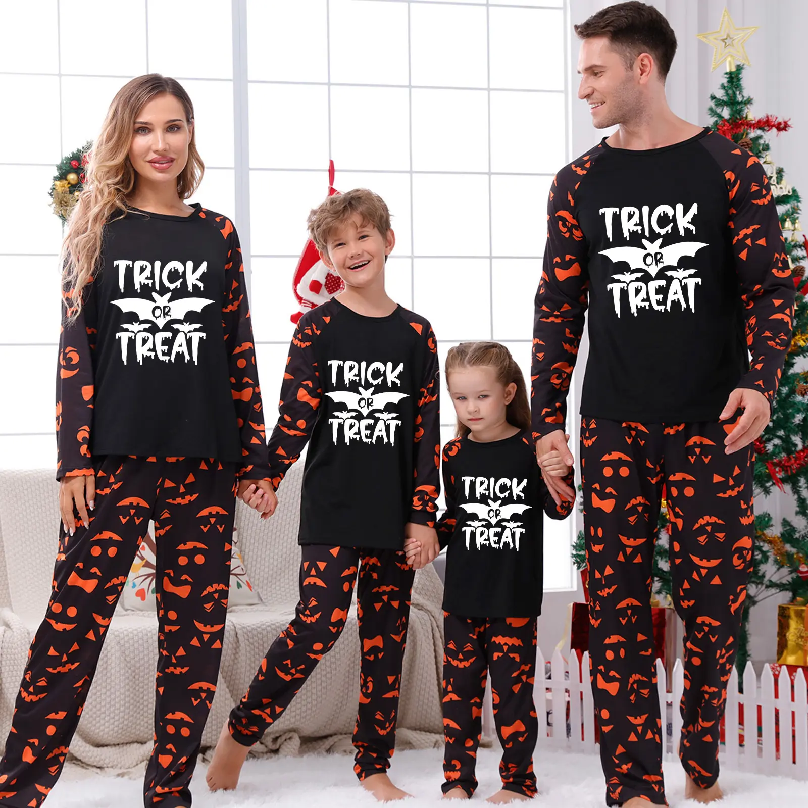 FOCUSNORM Family Matching Halloween Pajamas Set Bat Letter Print Holiday Pajamas Glow In Dark Sleepwear Dad Mom Kids PJs