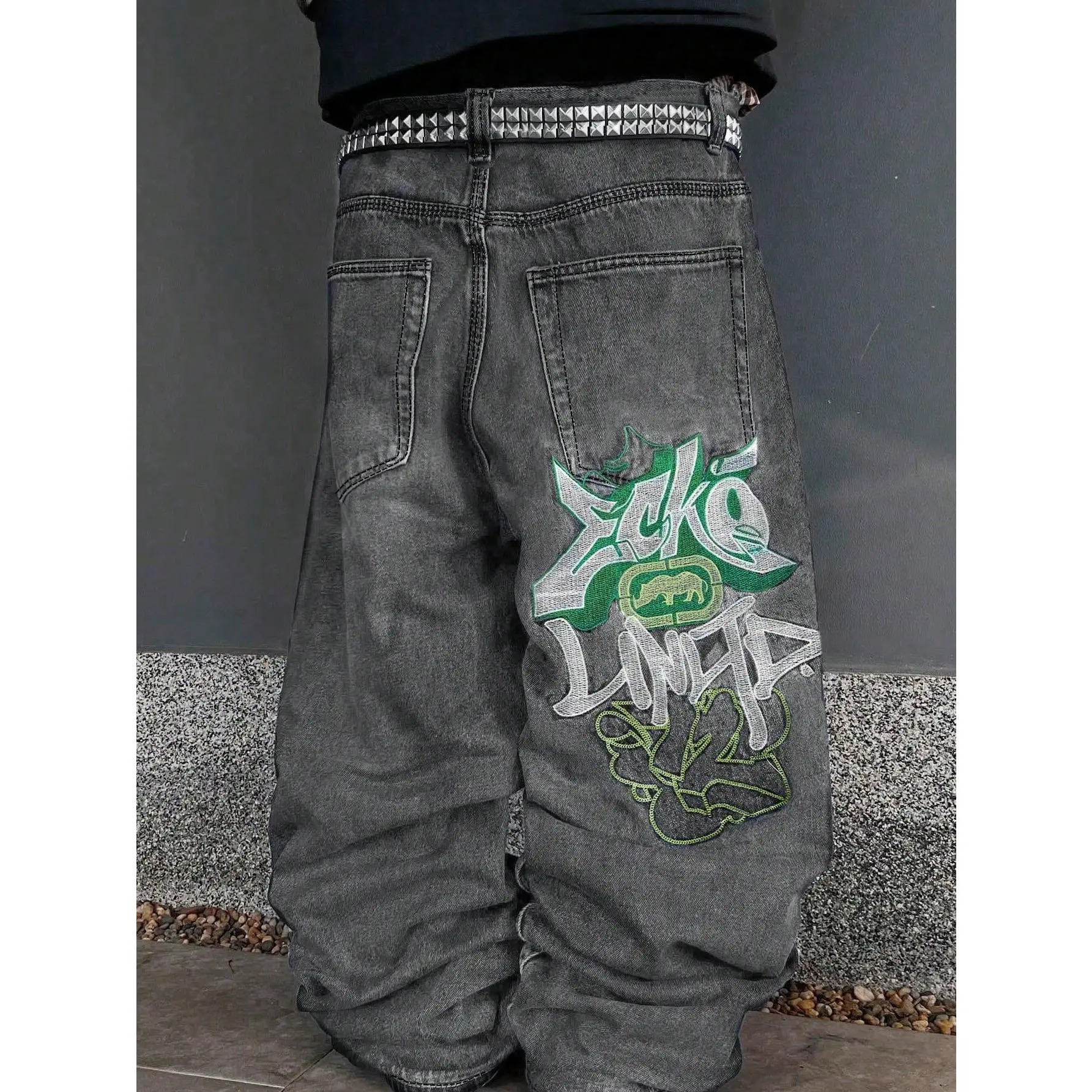 Grunge Goth Y2K Style Men's Casual Embroidered Loose Wide-Leg Jeans, Versatile All-Season, Fashion Personalized Street Wear, Suitable For Work, Commute, Stage Performance, Gathering With Friends, Outdoor