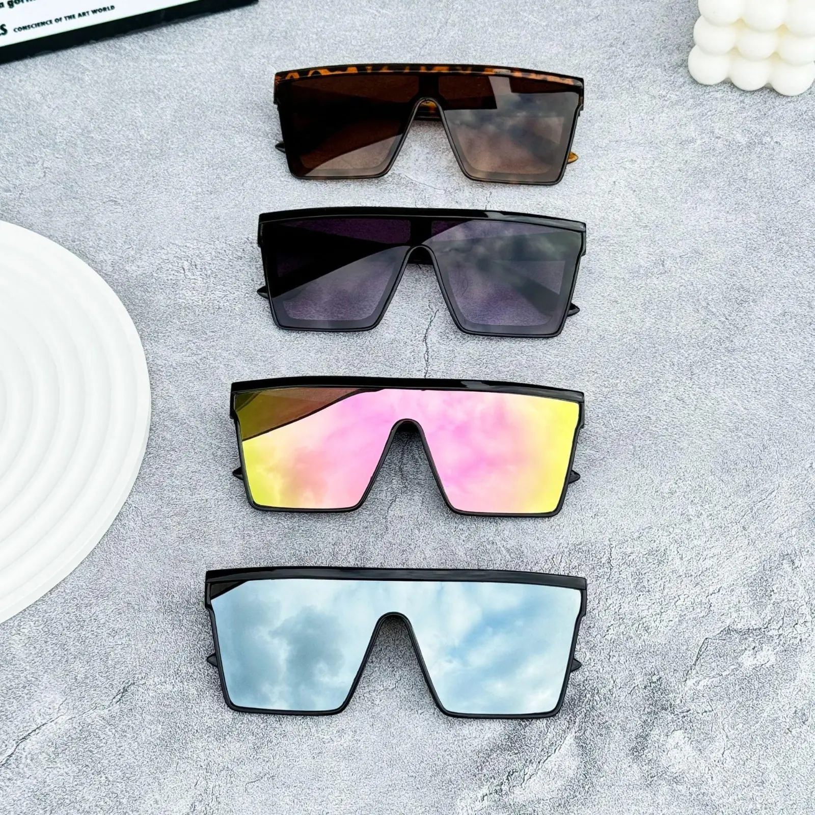 4-Pack Oversized Square Sunglasses, Women Trendy Flat Top Shield Visor Sunglasses, Multi-Color Mirror Lens One Piece Rimless Eyewear, Fashion Large Frame UV Protection Streetwear Sun Glasses, Lightweight Comfort Trendy Matching Accessory, For Shopping Vac
