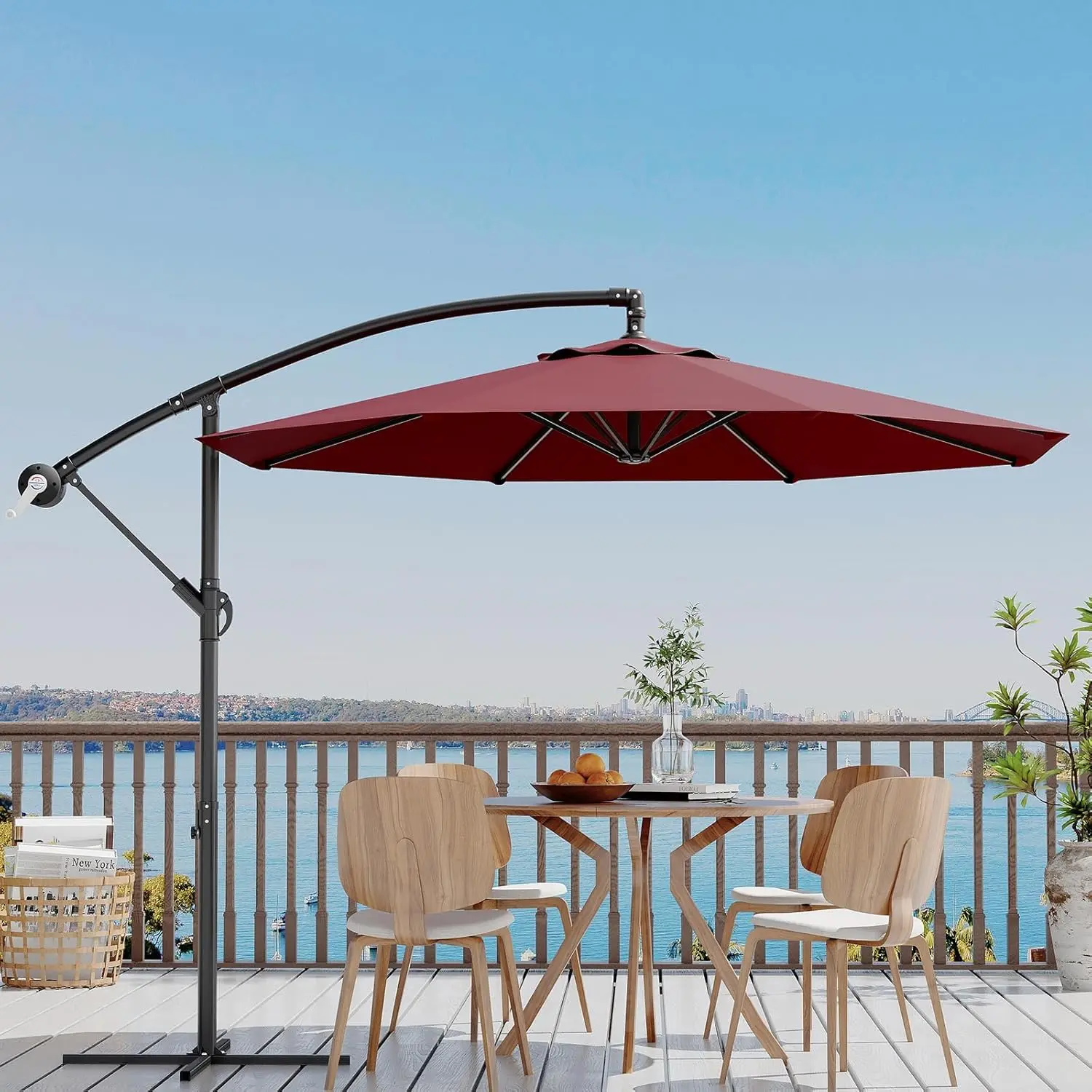 10FT Cantilever Patio Umbrella with Cross Base & Steel Frame, Offset Outdoor Umbrella with Infinite Tilt, Easy Crank & UV-Protection Sun Shade for Garden