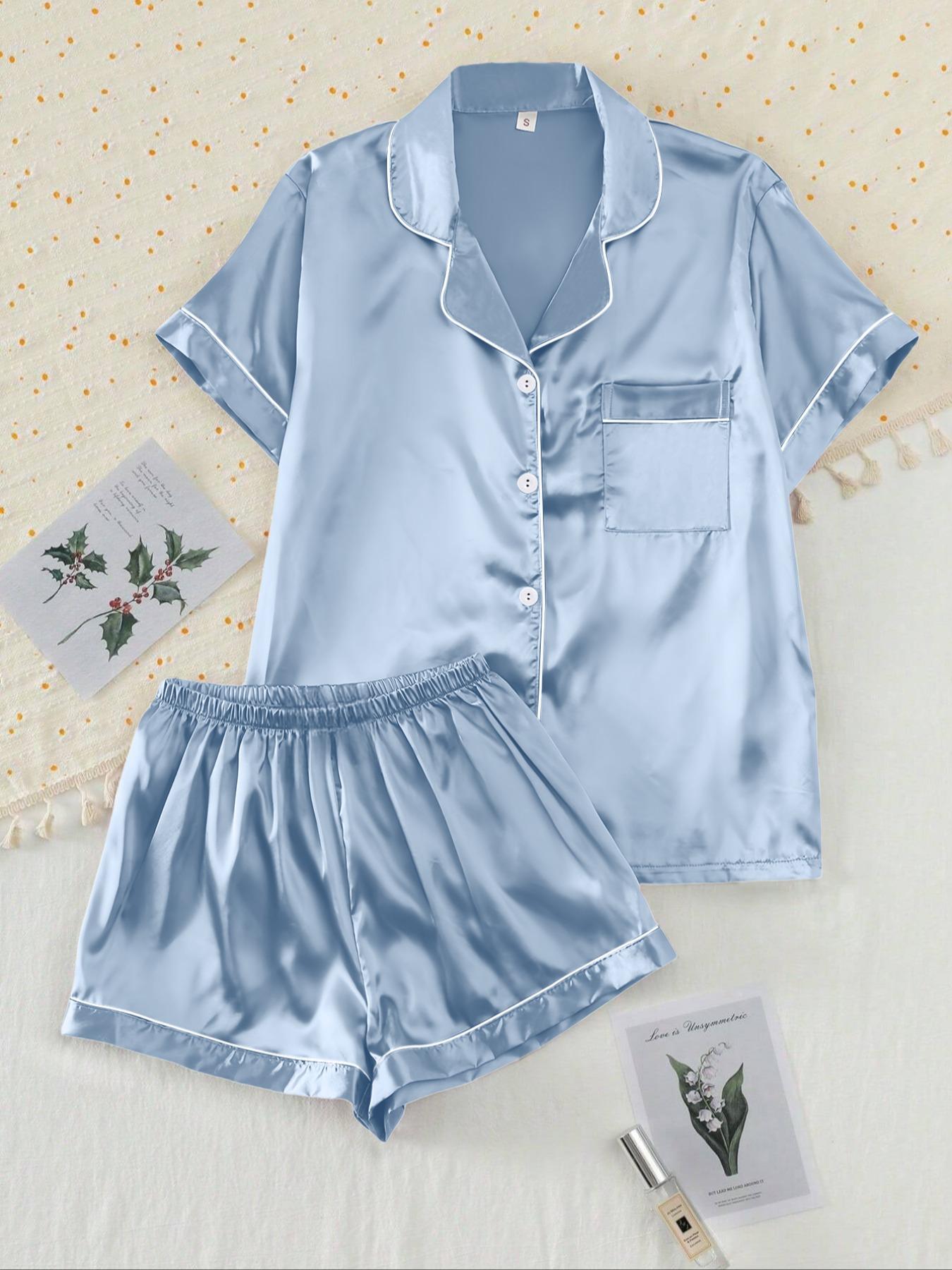 【Valentine's Day】Two-piece Set Women's Shirt & Shorts Satin Pajama, Ladies Summer Sleepwear