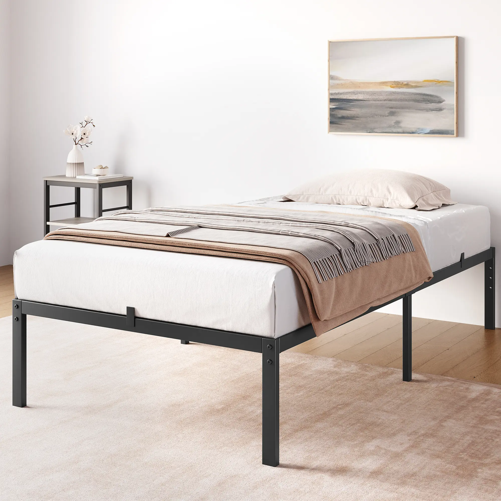 Sturdy and noise free metal platform bed frame - low profile support, no need for box springs, easy to assemble, heavy-duty foundation, modern black finish - multiple sizes