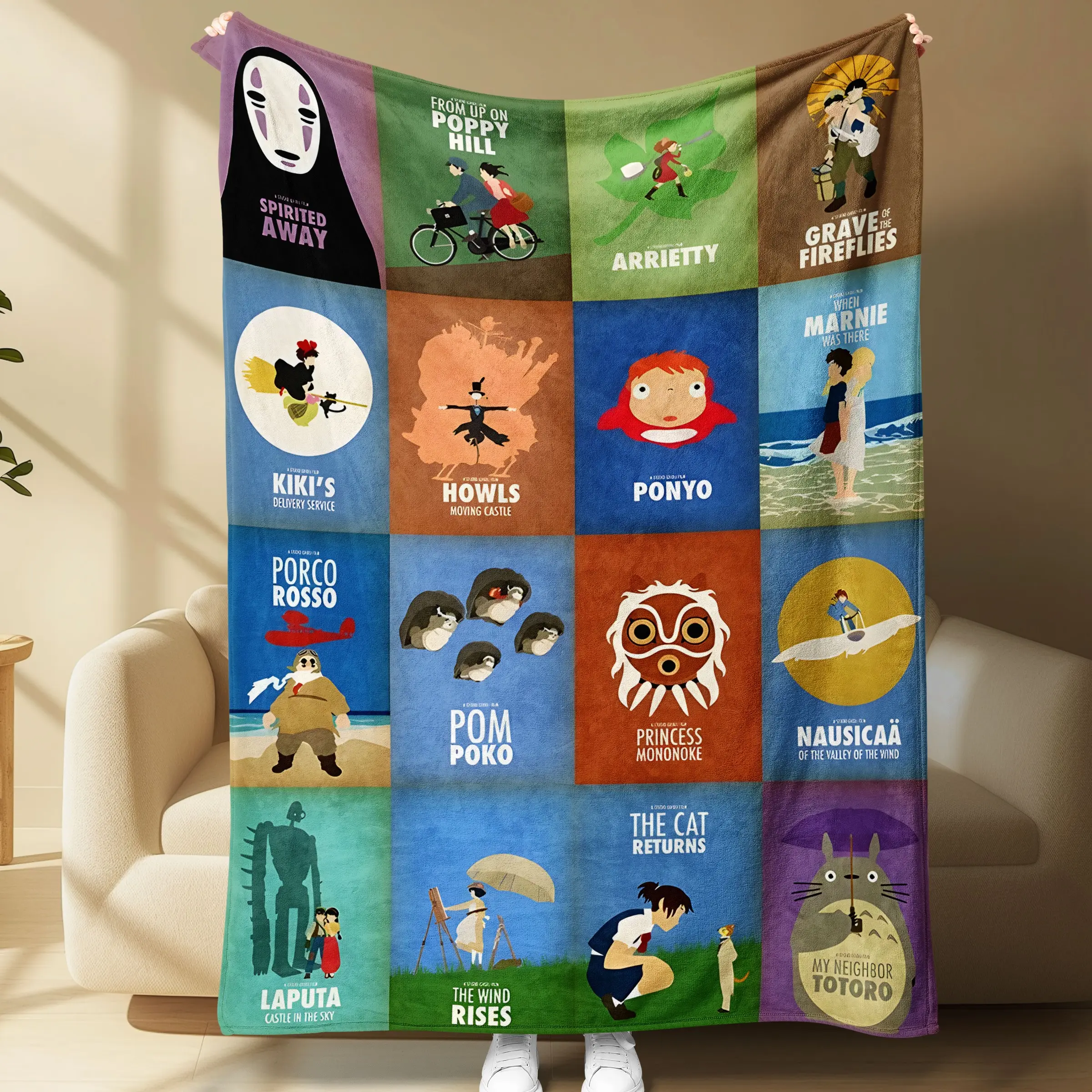 1PC Ghibli Inspired Anime Throw Blanket, Cozy Warm Blanket | Totoro, Spirited Away, Ponyo, Kiki's Delivery Service & More | Soft Couch Throw, Bed Cover, Dorm Room Decor, Decorative Blankets | Anime Fan Gift for Christmas, Halloween, Birthday