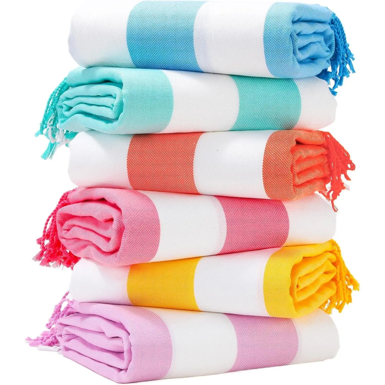 6-Pack Oversized Stripe Cotton Turkish Beach Towels (74"x38") - Smooth, Cozy, Lightweight, Thin, Quick-Dry, Sand-Free, Extra-Large XL Pool Bath Swim Towels, Adult Travel Vacation Essentials Prop (Clearance)