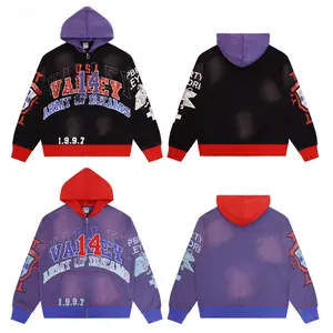 VALE Army Of Dreams Vintage Washed Zip Up Hoodie, 90s USA Number 14 Letter Graphic Jacket, Retro Y2K Hip Hop Streetwear Oversized Unisex Heavyweight Zip Sweatshirt, Color Block Cuff Long Sleeve Coat for Festival & Daily Street Outfits