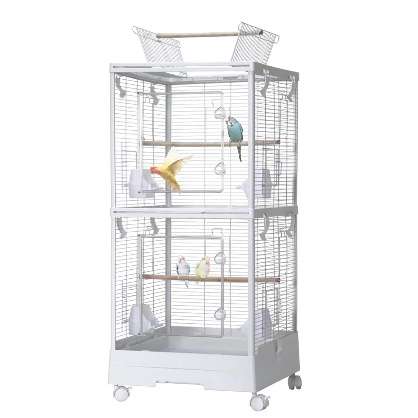 40-in Steel 2-in-1 Small Bird Cage with Wheels, Play Top Stand, Slide-Out Tray, Perches & Bowls – Birdcarrier for Lovebirds & Cockatiels, Indoor Enclosure Bird Cages & Houses, White Plastic Accents, Travel