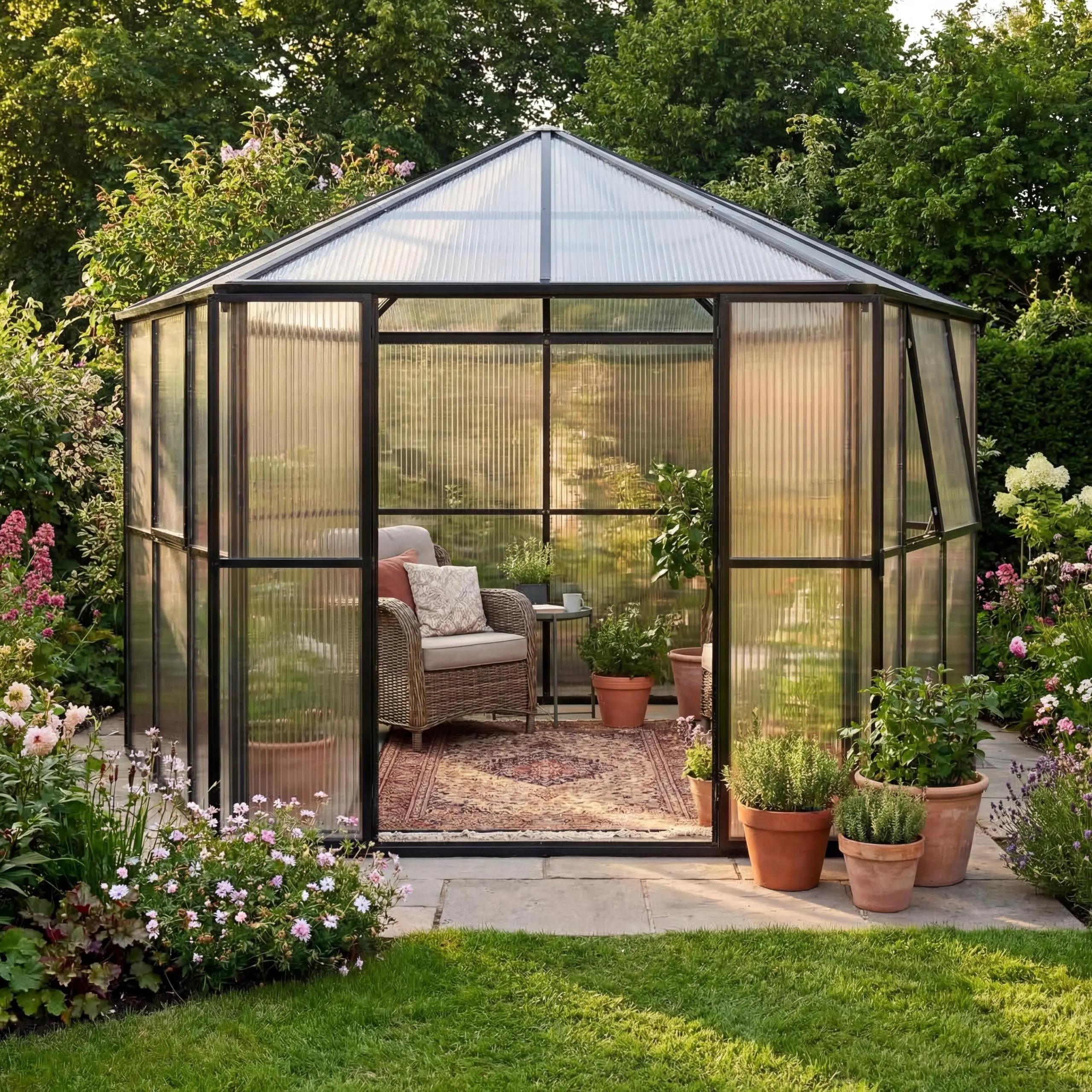 12x10x8 FT Polycarbonate Greenhouse for Outdoors, Hexagon Heavy Duty Walk-in Greenhouse with Aluminum Frame, Lockable Door & Adjustable Vent, for Backyard Garden, Outside Garden Backyard, Patio(2 Boxes)
