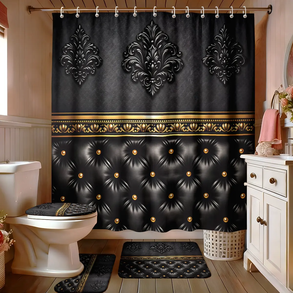 4 pieces of digital printing, black and gold embossed luxury floral shower curtains, bathroom decoration Pretty shower curtain set (including shower curtain, bathroom floor mat, U-shaped pad, and toilet seat cover), suitable as a gift