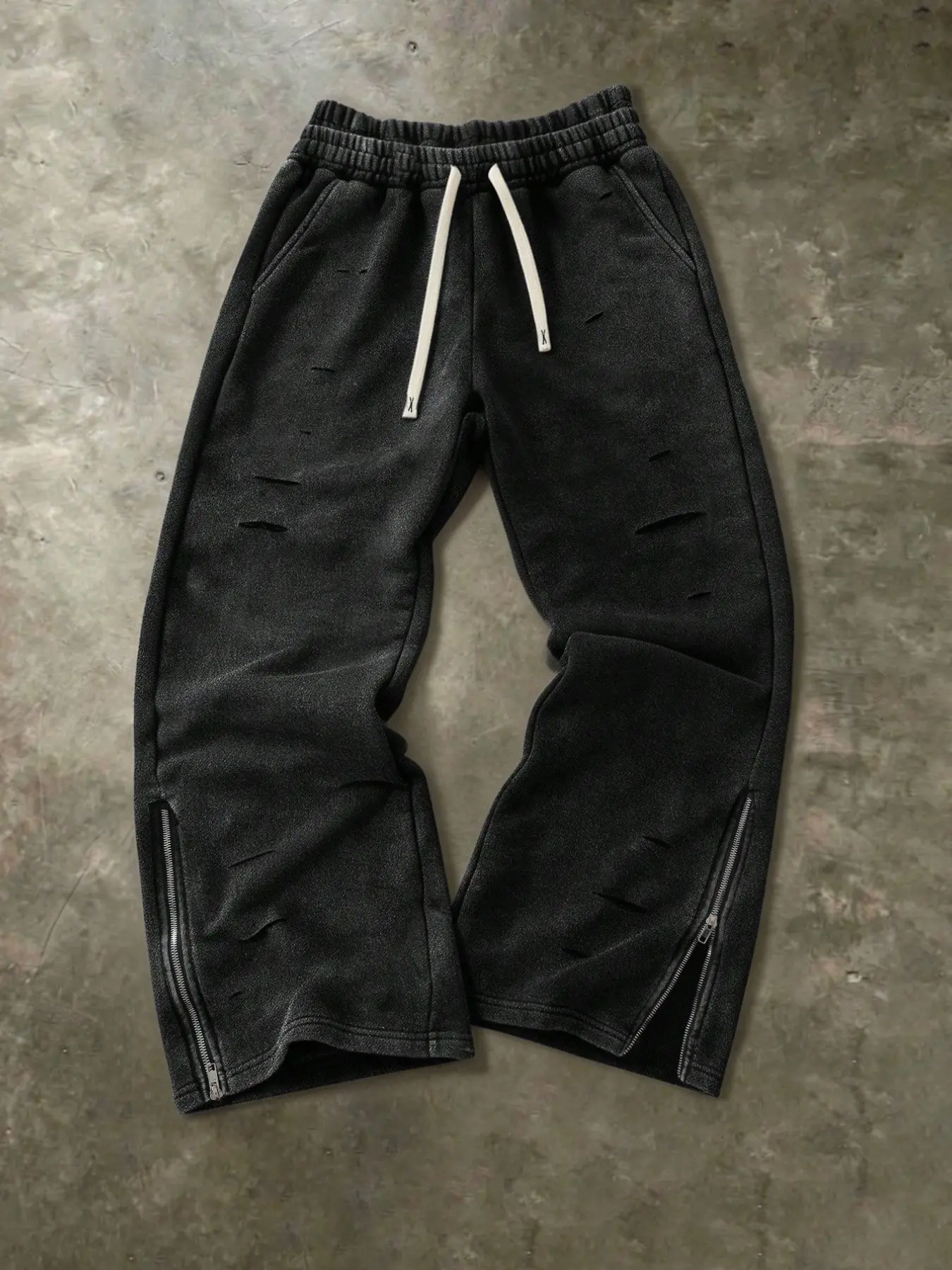 Vintage Washed Ripped Men's Sweatpants, Elastic Waist Drawstring, Loose Wide Leg Street Style, Long Pants for All Seasons