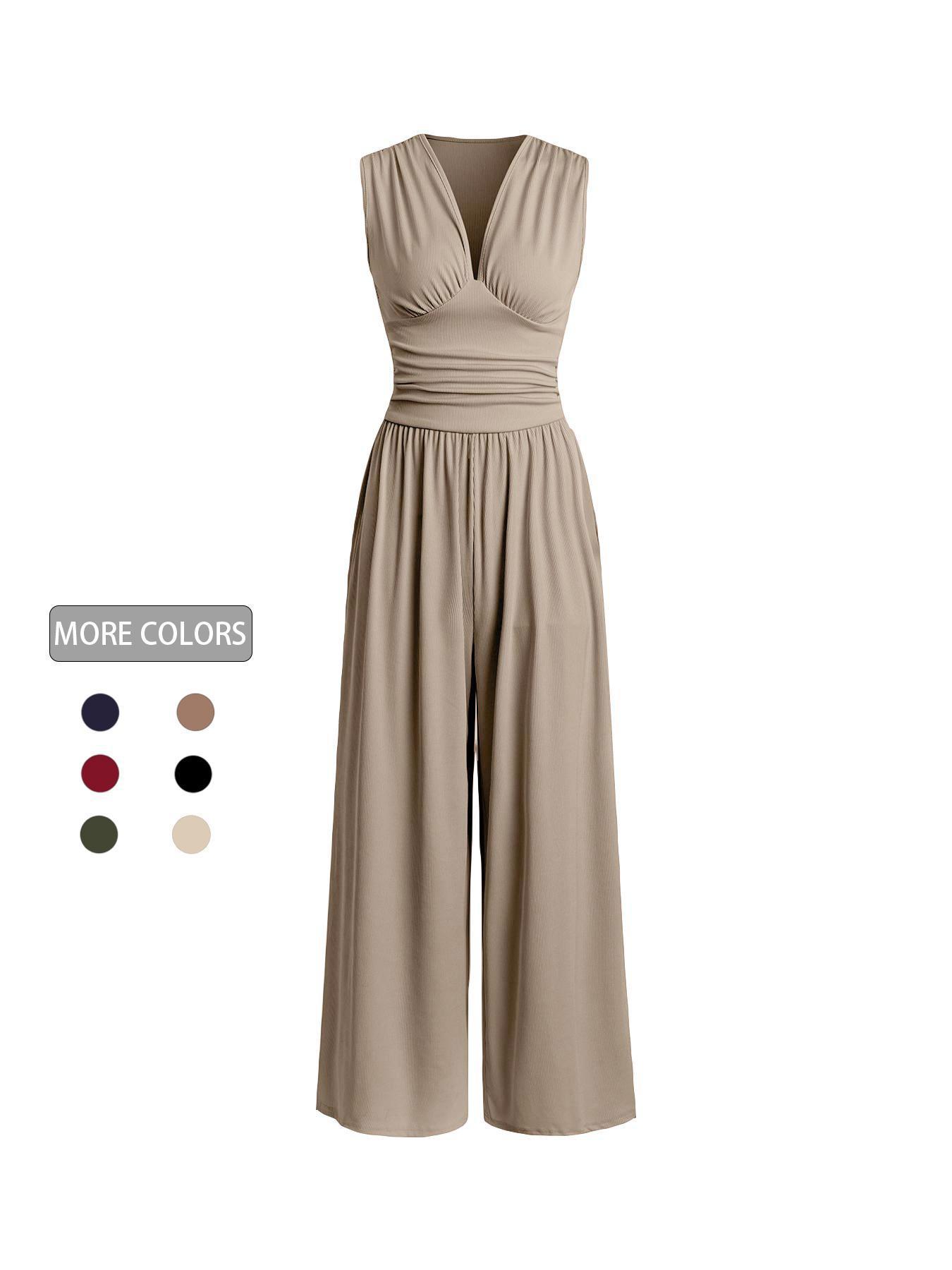 Women's Plain Ruched Deep V Neck Ribbed Jumpsuit, Elegant Sleeveless Wide Leg Jumpsuit for Summer, Ladies Clothes for Beach Holiday Vacation
