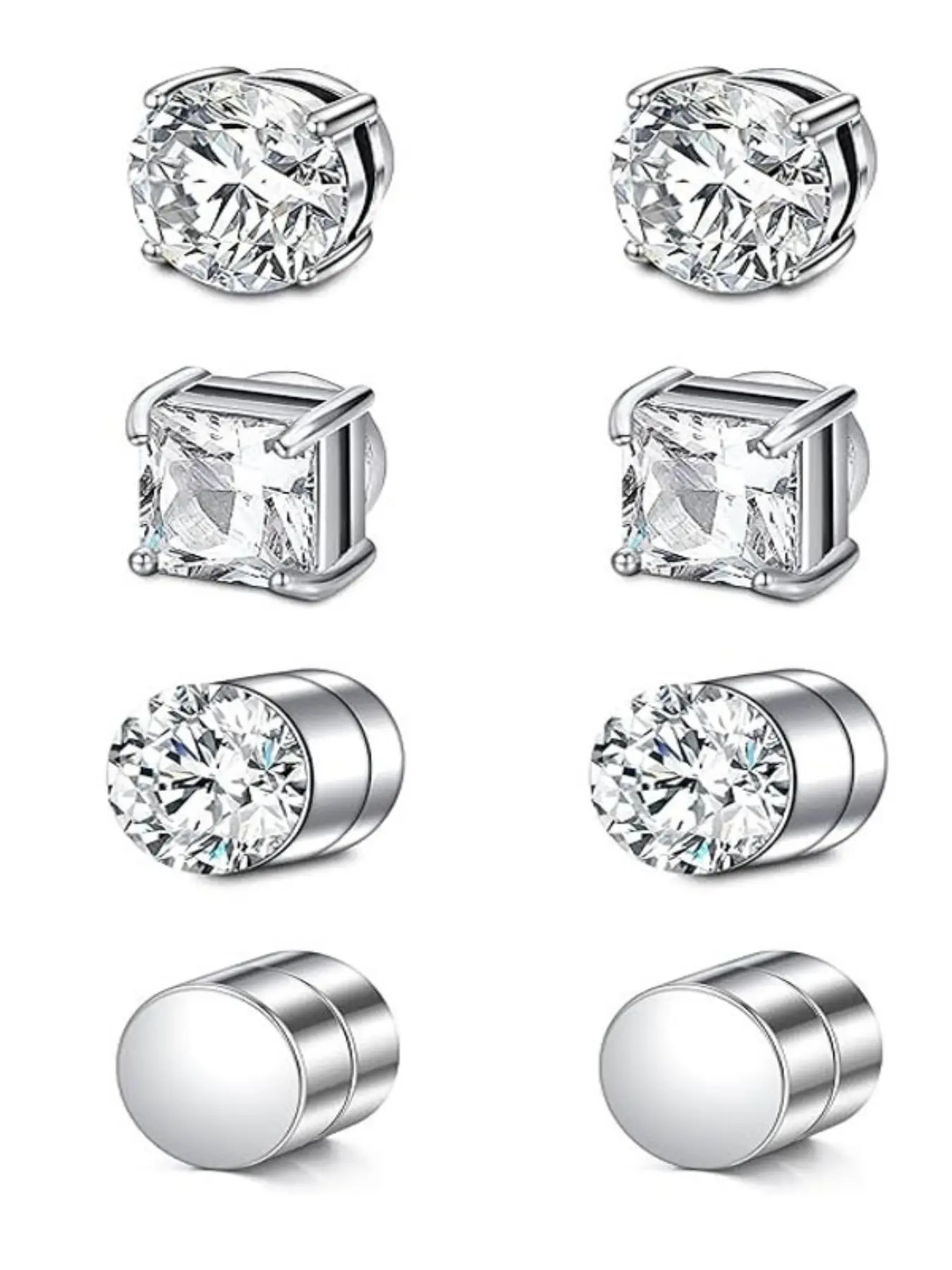 4 Pairs Magnetic Earrings, No Piercing Needed, Men's Magnetic Earrings, 6mm Silver Color Diamond Earrings, Unisex Jewelry