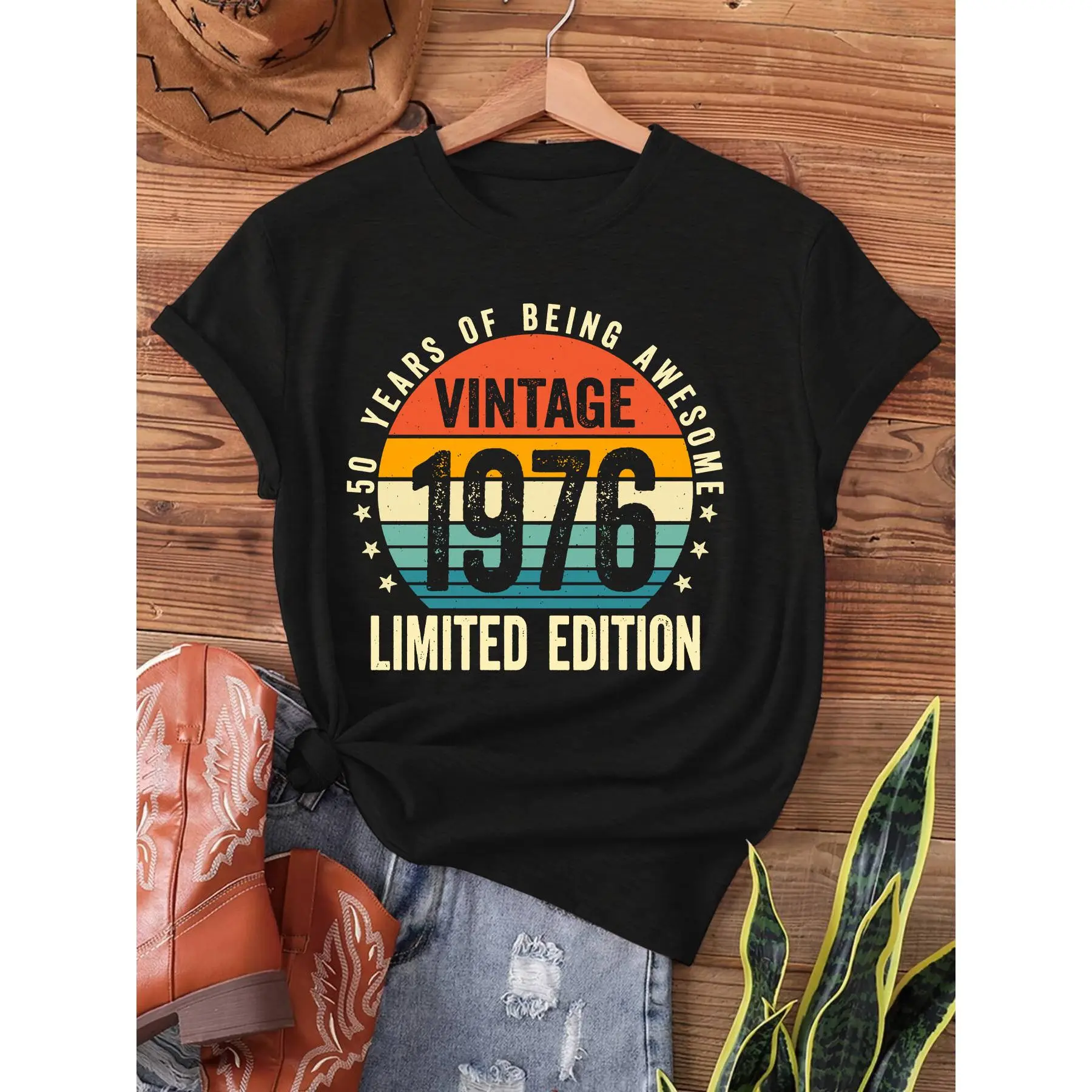 Women's Vintage 1976 Limited Edition 50th Birthday Print Cotton Knit T-Shirt - Short-Sleeve Crew Neck Basic Casual Top, 100% Cotton, Expandable, Dry Clean Compatible for Spring Summer Womenswear