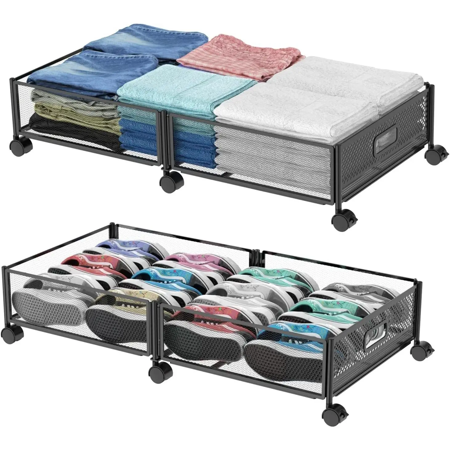 Under Bed Storage with Wheels, 31.5in/35L Large Rolling Underbed Drawer, Tool-free Assembly Metal Organizer Container for Bedroom Shoes Clothes Toys