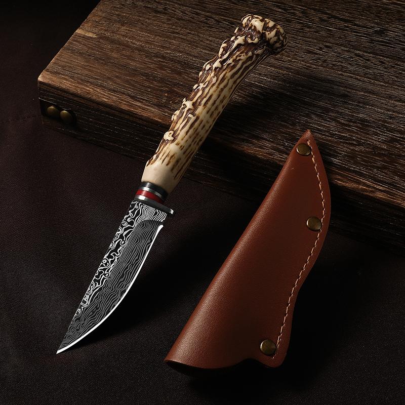 Multi-functional Knife with Angular Handle, Stainless Steel Damascus Pattern Meat Cutting Kitchen Knife, Sharp Fixed Blade Knife with Sheath, Good helper tool for Home Cooking and Outdoor Camping.
