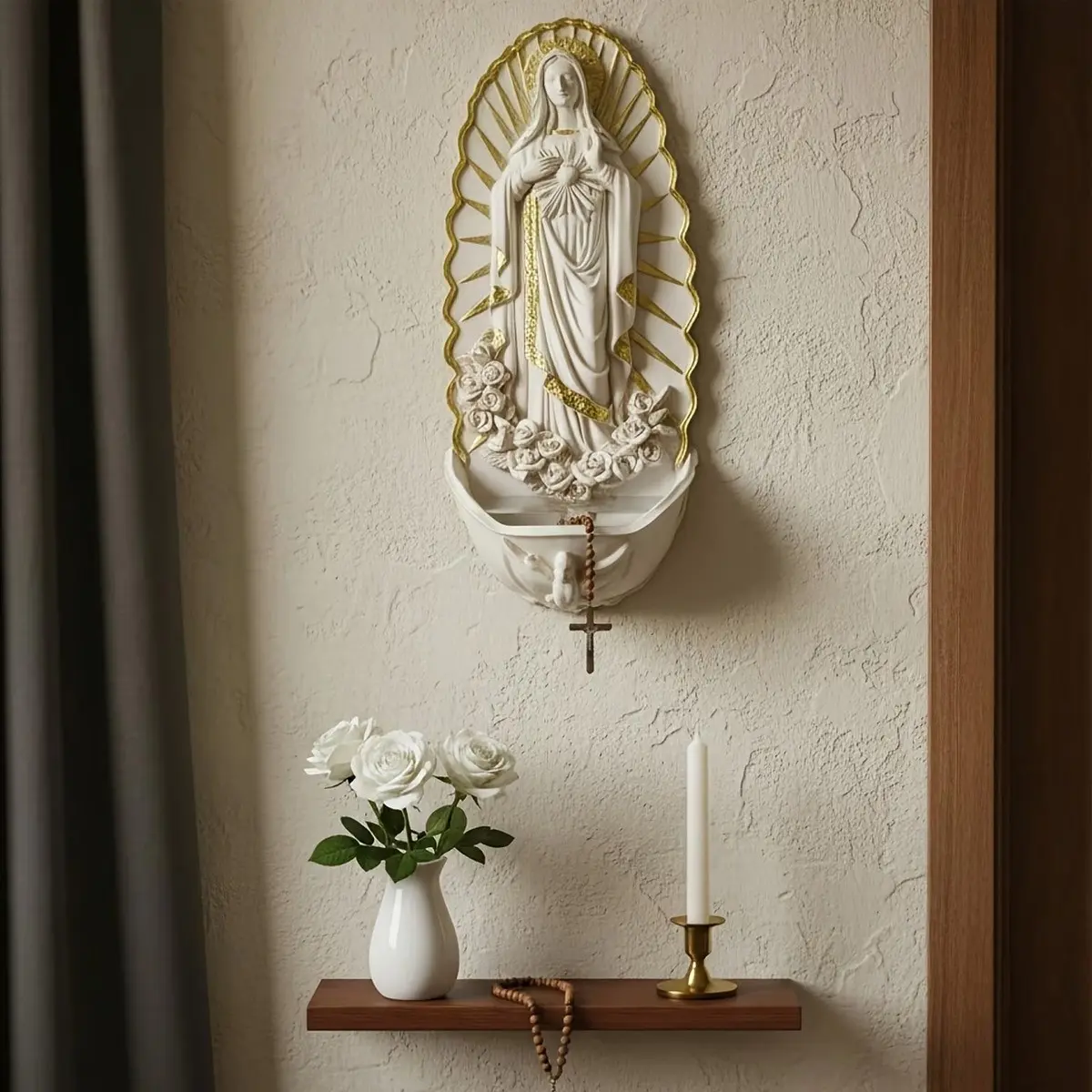 Elegant Wall-Mounted Resin Holy Water Font with Rosary Holder, Ideal for Church, Home Decor, Religious Decorations, Perfect for Religious Scenarios