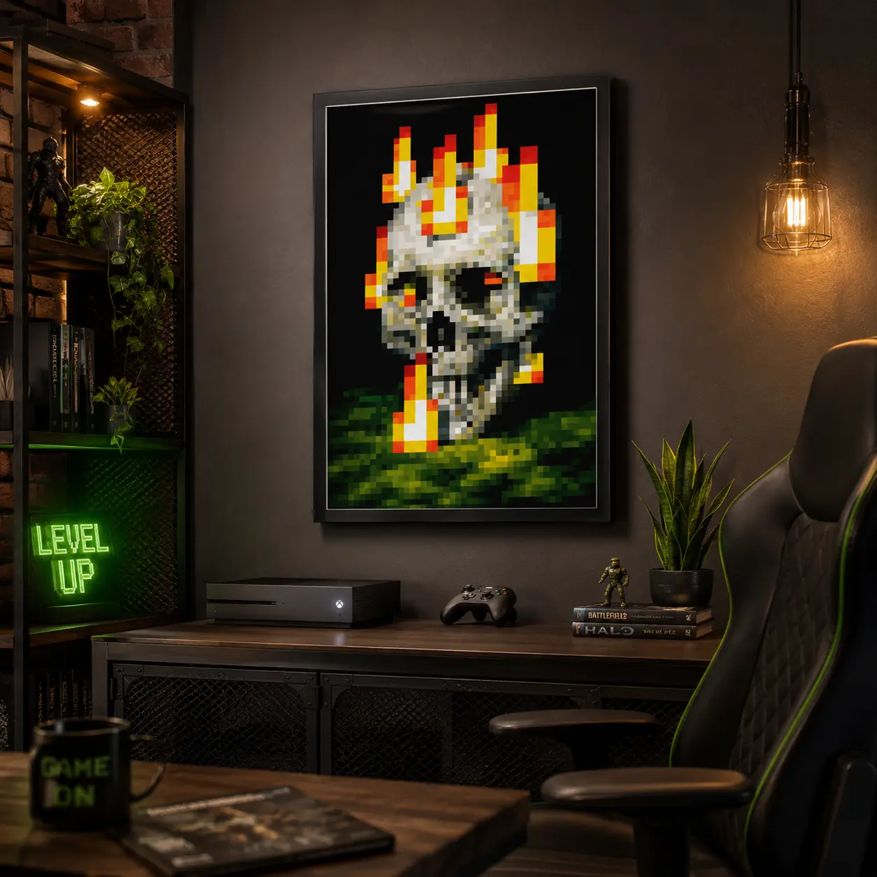 Minecraft Burning Artistic Poster, High-Quality Print, Game Poster, Vibrant Colors, Rustic Charm, Trendy Funny Wall Art, Dorm Room Decor, Pixel Art for MC Fans, Gaming Room Decor, Gamer Gift, Aesthetic Room Decor, Bedroom Decor, Wall Art Decoration