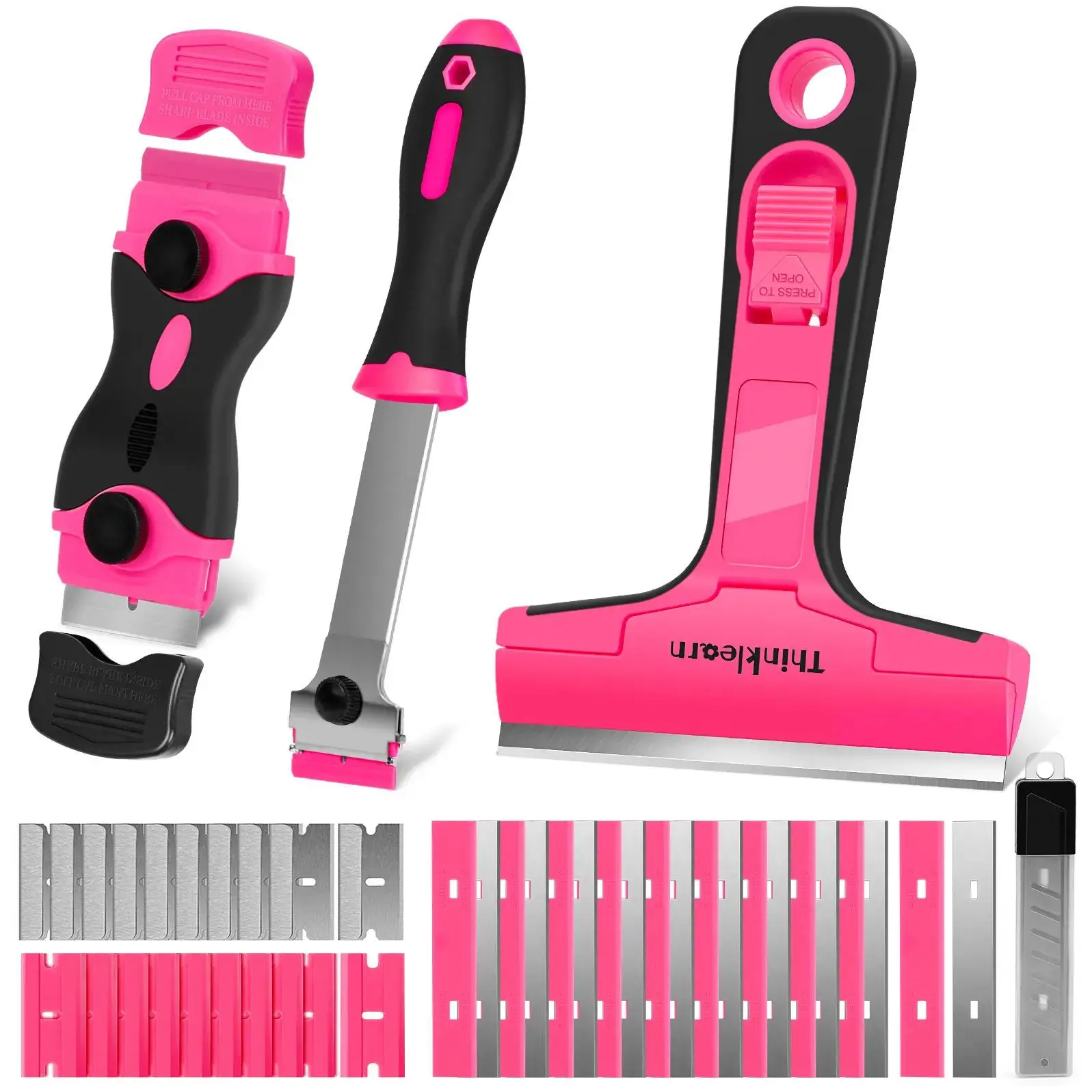 Pink 2-Pack Versatile Scraper Set - Stainless Steel Components, Angled Razor Blade, 42 Blades Included, Safe Storage, for Camping Tent Maintenance, Adhesive Removal, Glass Surface Cleaning
