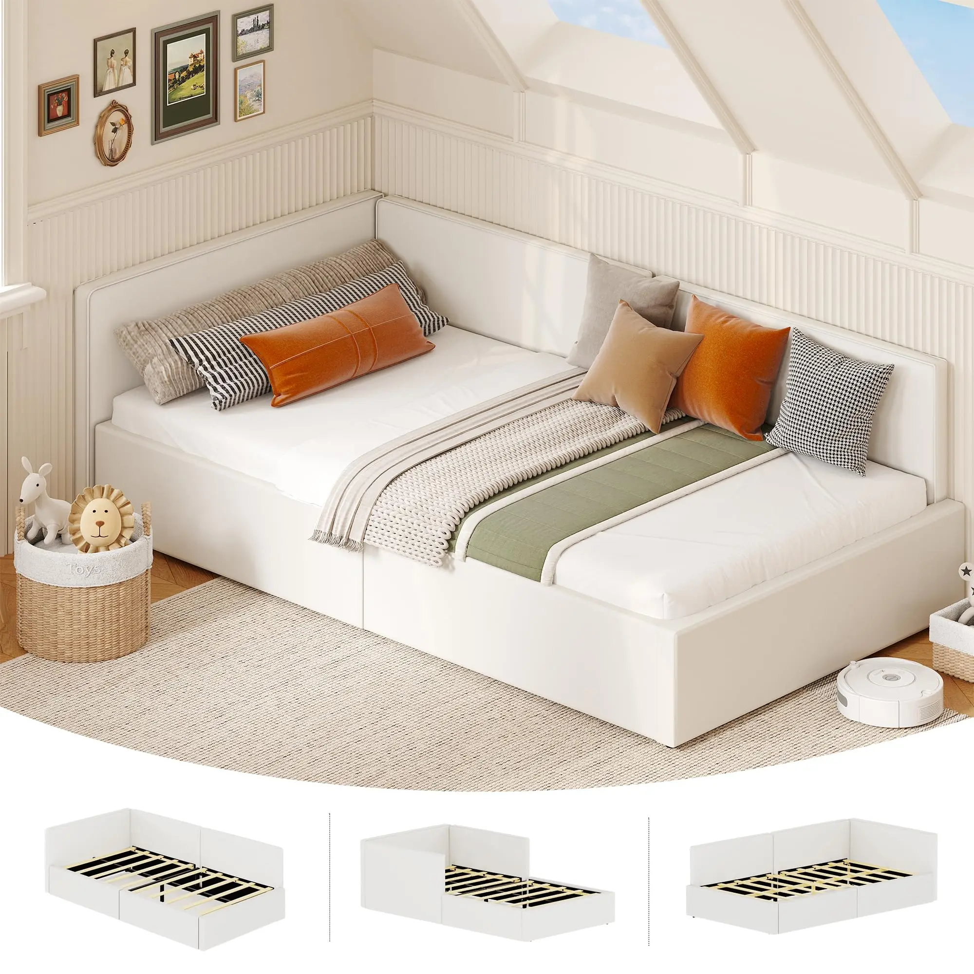Creamy White Upholstered Twin Daybed, Sturdy Wooden Slats, Corner Headboard and Safety Guardrails, Space Saving Furniture for Bedroom and Living Room, Simple to Assemble