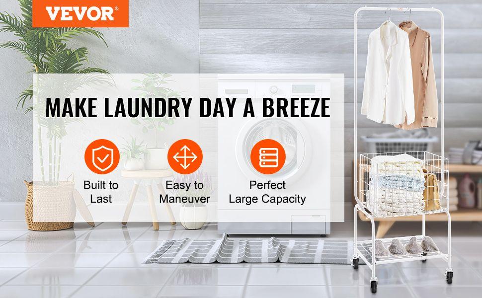 VEVOR Metal Rolling Laundry Basket with Hanging Garment Rack, Height Adjustment Laundry Hamper Cart with Basket Load and Shelf Load, Storage Organizer with Heavy Duty Lockable Wheels