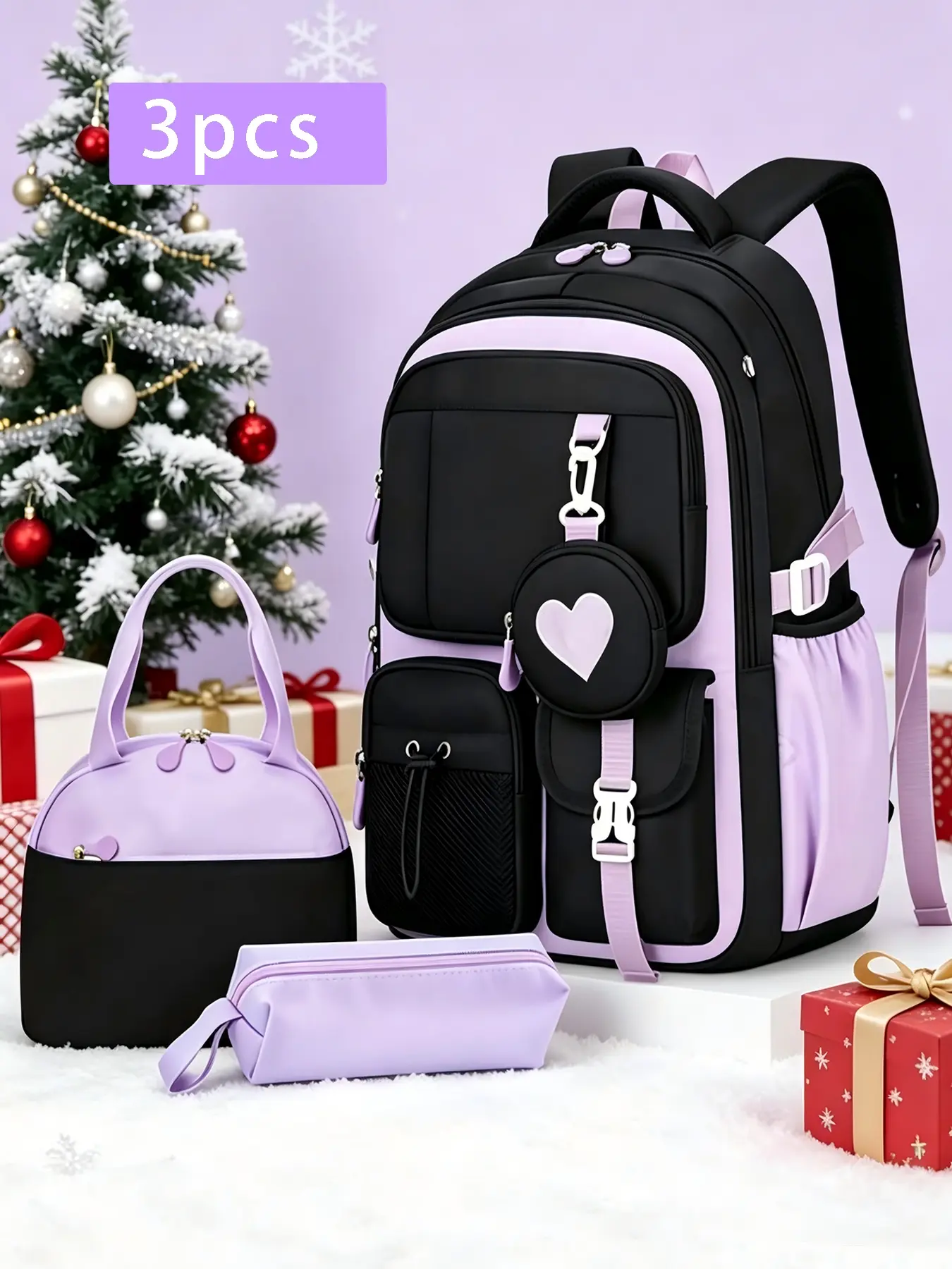 3pcs Contrast Trim 3 In 1 Backpack Kit, Multifunctional Travel Backpack, With Meal Bag Stationery Pouch Mini Coin Bag Multi Layer Zipper Compartments Padded Adjustable Straps Large Capacity Backpack for Campus Study Daily Commute Weekend Outdoor Trip