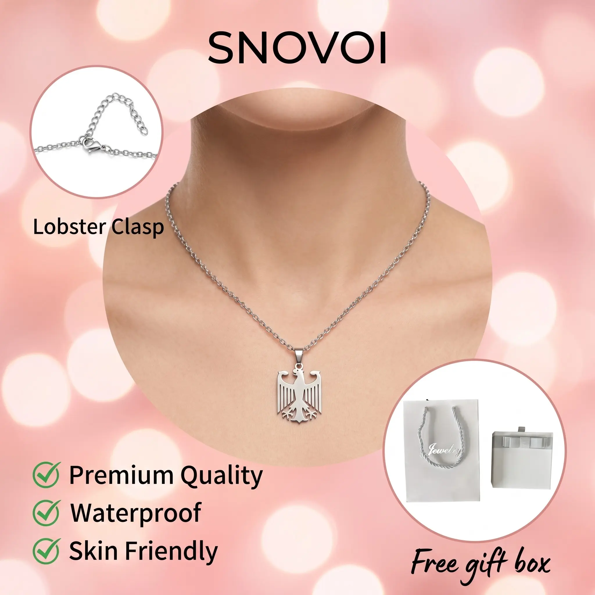 Silver Color Eagle Pendant Necklace, Minimalist Vintage Street Style, Stainless Steel Adjustable Chain, Gift Box Included