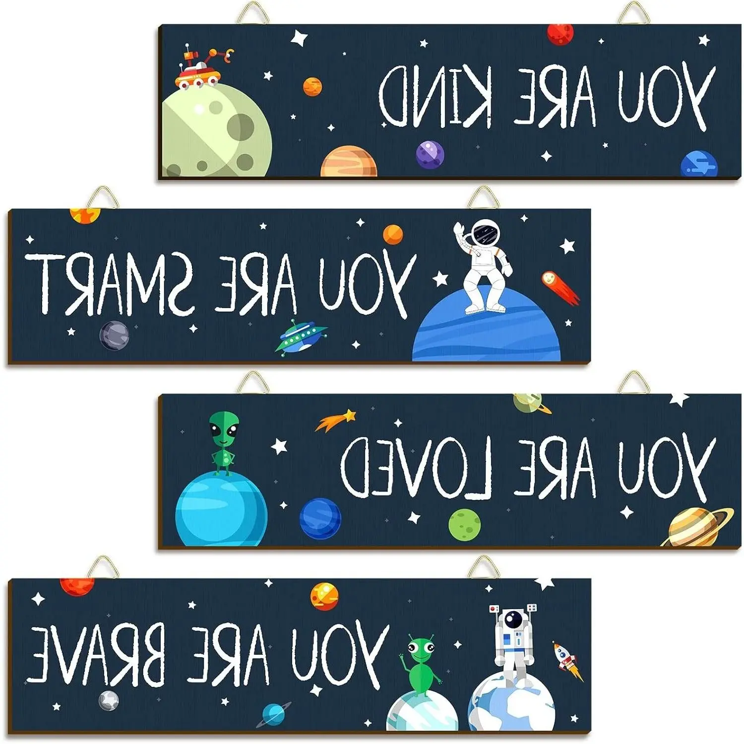 4 Pcs Outer Space Classroom Decoration Set - Astronaut Galaxy Adventure Hanging Wooden Signs, Solar System Planet Wall Decor, Spaceman Inspirational Posters for Boys Room Bedroom Nursery Back to SchoolGift