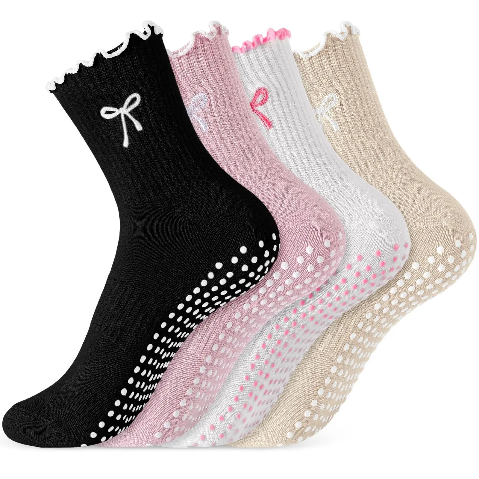 4 Pairs Women's Non-Slip Grip Socks with Bow Embroidery, Ruffle Cuff Cotton Crew Socks for Yoga, Pilates, Hospital, Home & Spa, Anti-Skid Slipper Socks Gift Set