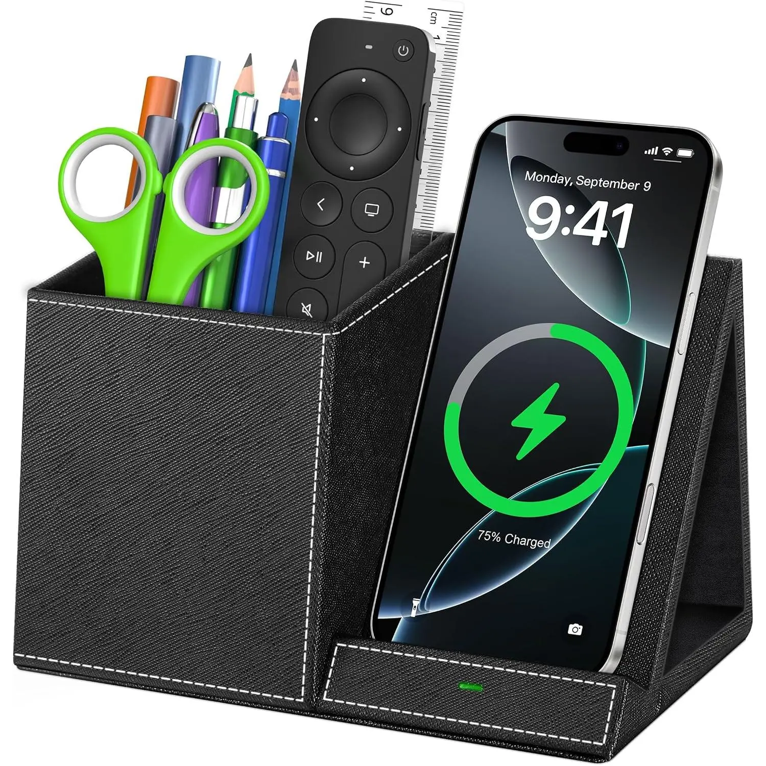 PU Leather Desk Pen Holder with Built-in Charger, Multi-Functional Desktop Organizer for School Offices, Black Office Stationery Accessory, Charger Built-In