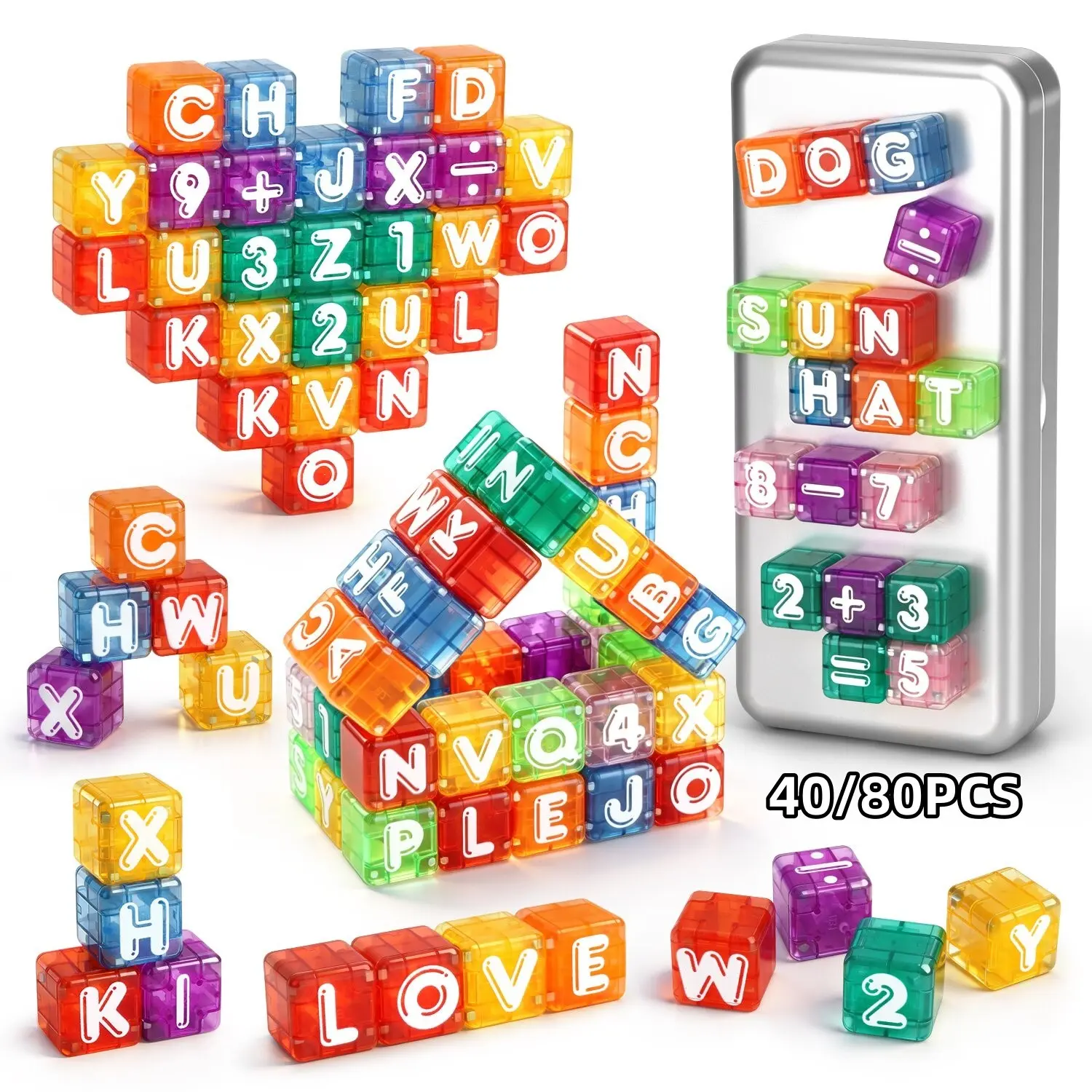 40pcs/80pcs Magnetic Letters and Numbers Blocks for Kids, Stem Learning Toy for Ages 3+, Portable Math Set, Montessori Gift for Boys and Girls