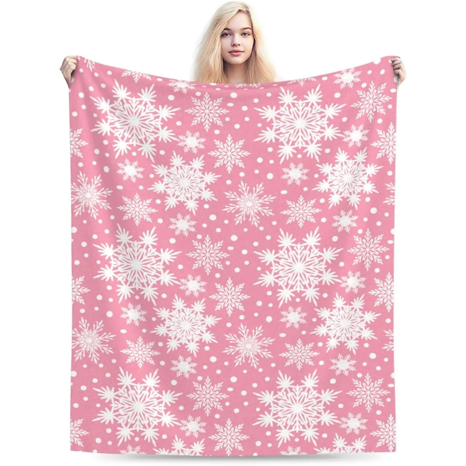 Winter Snowflakes Pink Throw Blanket Ultra Soft Warm All Season Christmas Decorative Fleece Blankets for Bed Chair Car Sofa Couch Bedroom(Single-sided print)