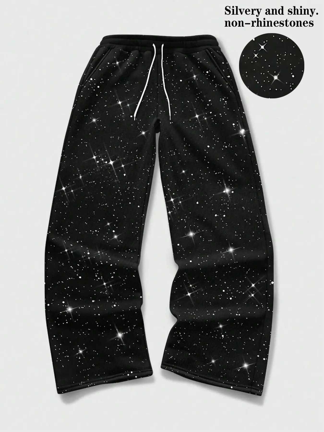 High-street dark-style wide-leg sweatpants featuring an all-over starry sequin print; unisex casual straight-leg trousers with an elastic drawstring waist—versatile, loose-fitting black pants.