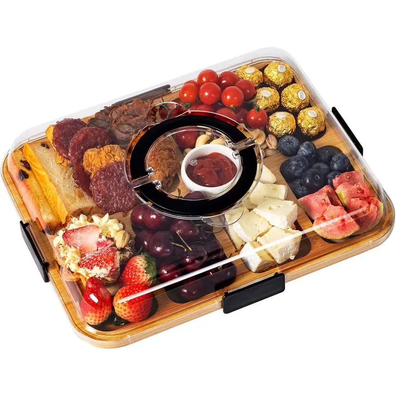 Portable Charcuterie Board with Lid, Bamboo Cheese Board & Snack Tray with Handle, Reversible Serving Tray for Picnic, Party, Travel & Gatherings