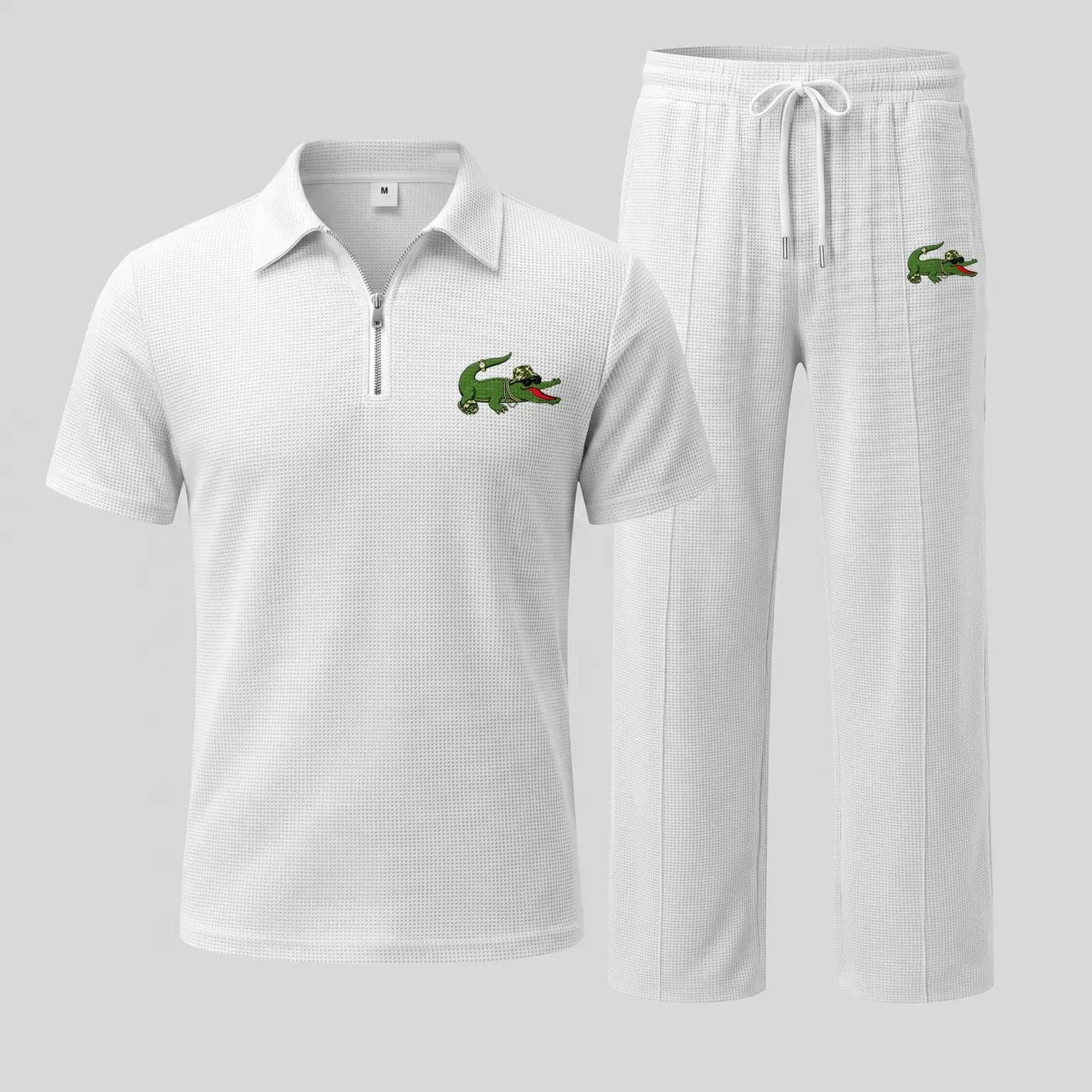 Men’s Fun Graphic Waffle Knit Polo Shirt and Pants Set, Short Sleeve Zip Collar Polo Top with Matching Drawstring Trousers, Casual Two Piece Outfit, Lightweight Comfortable Streetwear Set for Daily Wear, Travel and Summer Fashion