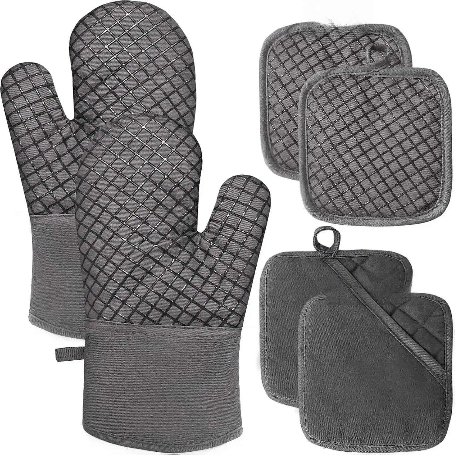 4-Piece Oven Mitts and Pot Holders Set, 500°F High Heat Resistant Bakeware Handheld Gloves with Thick Cotton Insulation, Silicone Non-Slip Surface for Cooking Baking Grilling (With Cover Function), Cotton Fabric, Modern